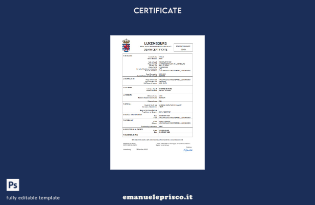 Certificato di morte lussemburghese in stile verificato Modello Word e PDF